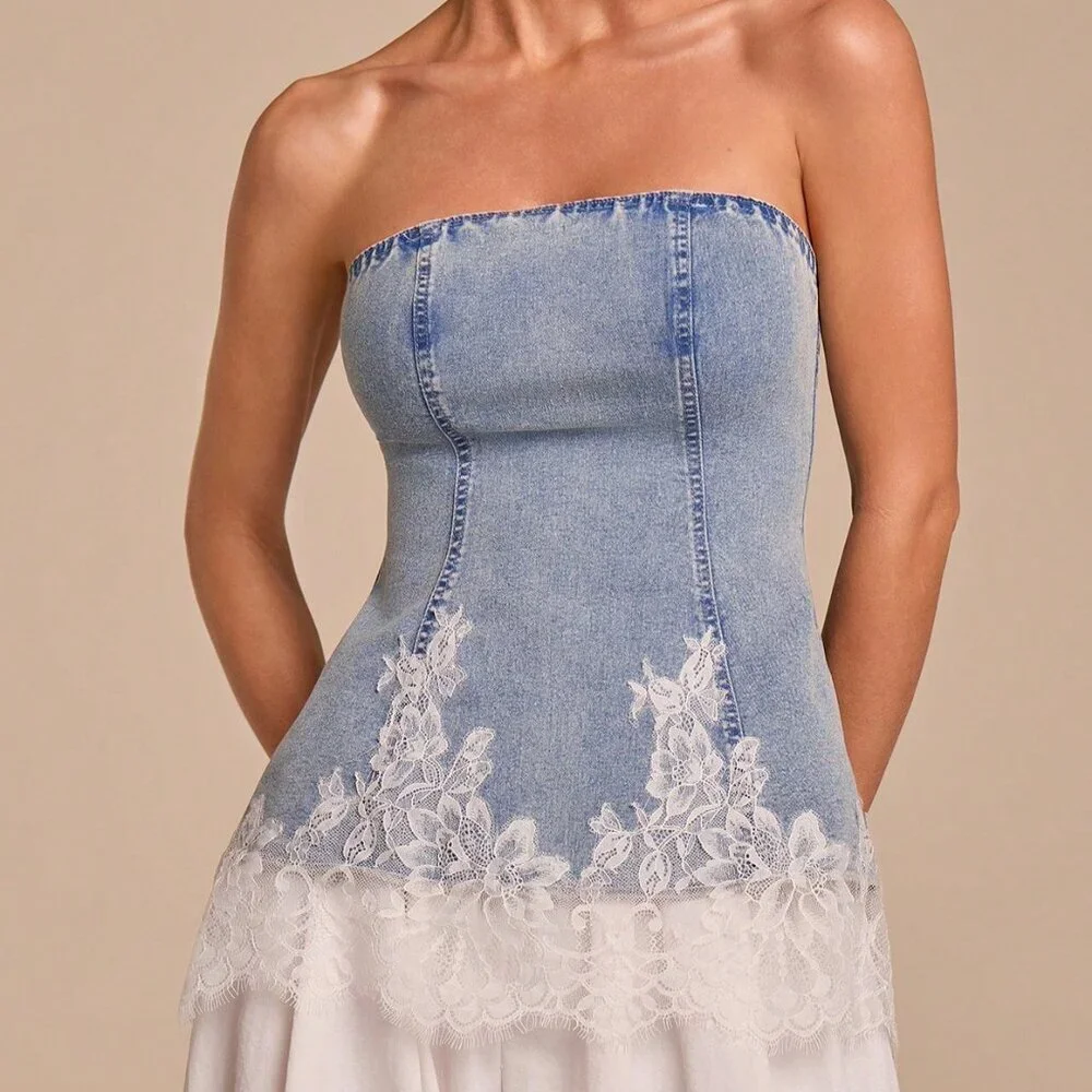 Blue Casual Women's Fitted Bustier with Contrast Lace Top - Picture 1 of 6